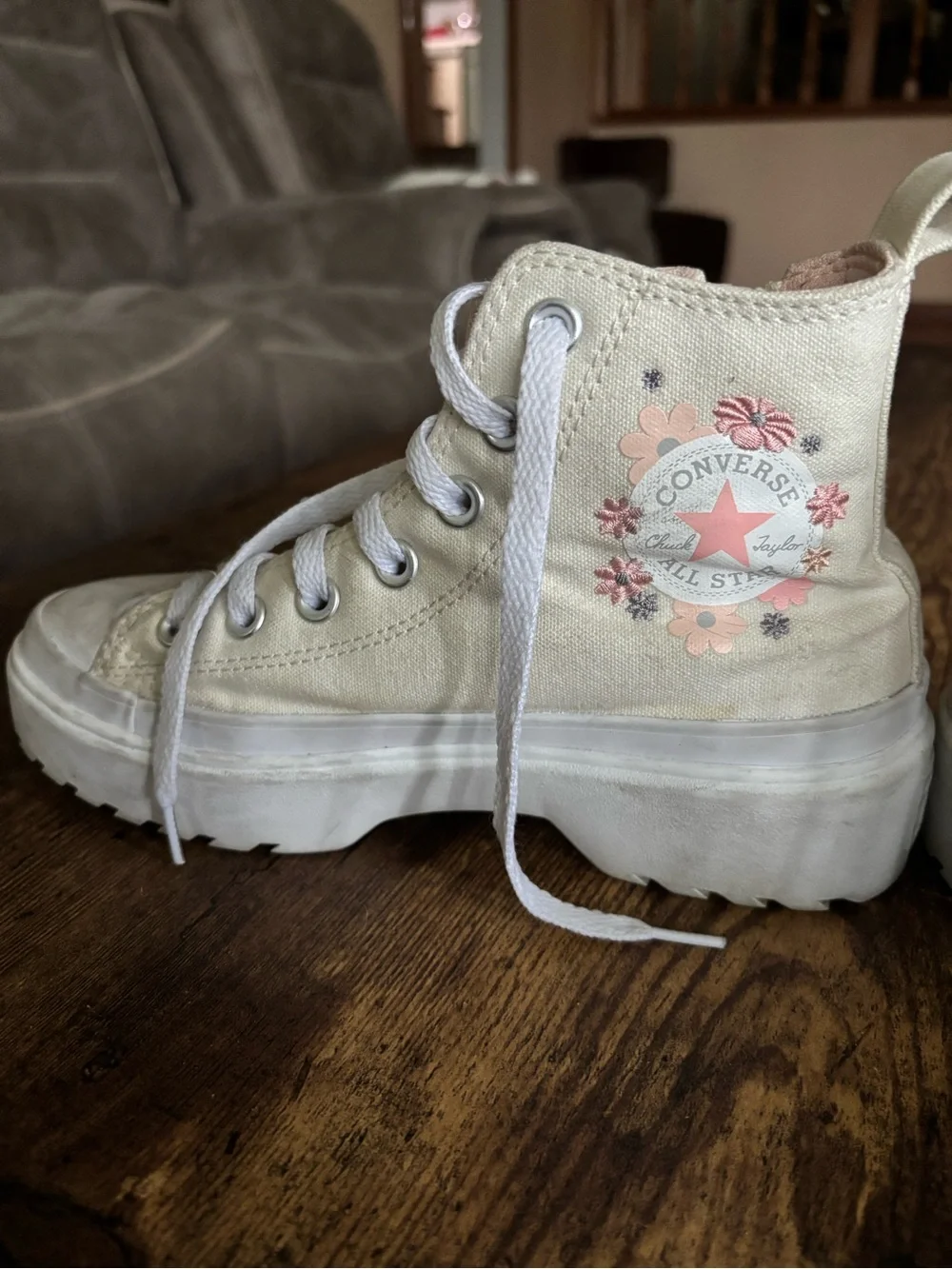 Converse Kids High Top Sneakers in Cream with Pink Floral